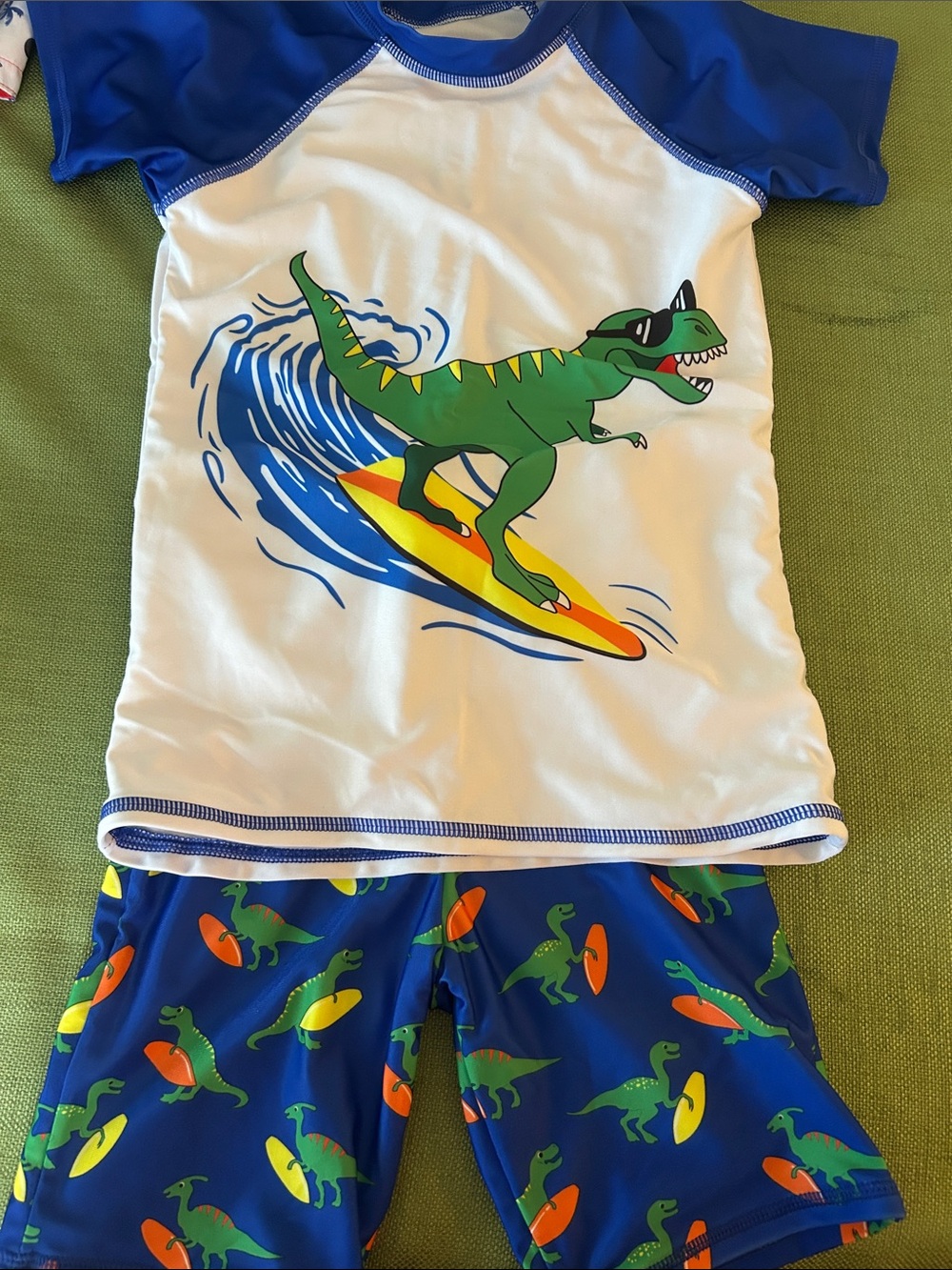 Kids Blue & White Dino Surf Rash Guard Set swimming